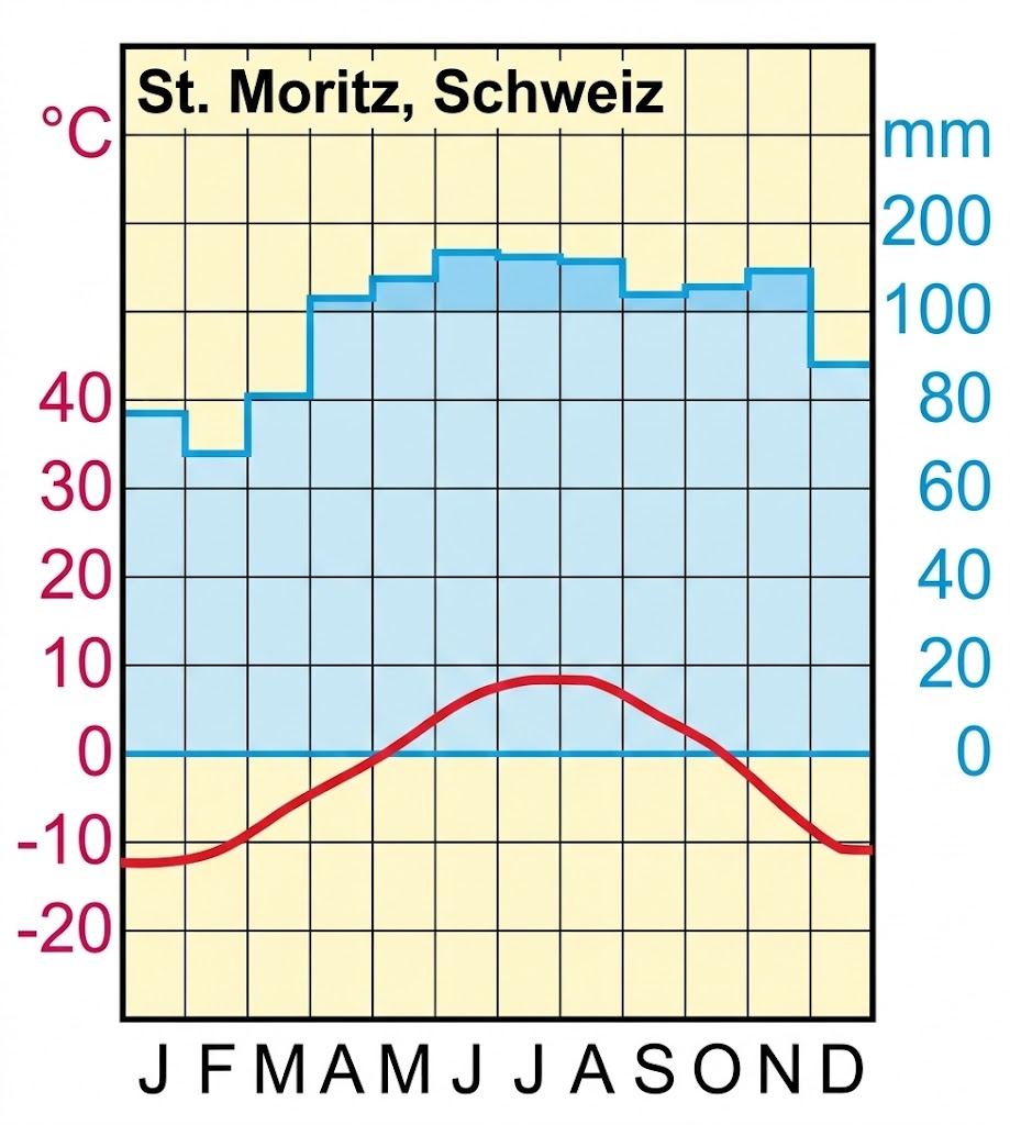 Klima-Diagramm St. Moritz, Schweiz: rote Temperaturkurve und blaue Niederschlagsbalken für Jan–Dez.
